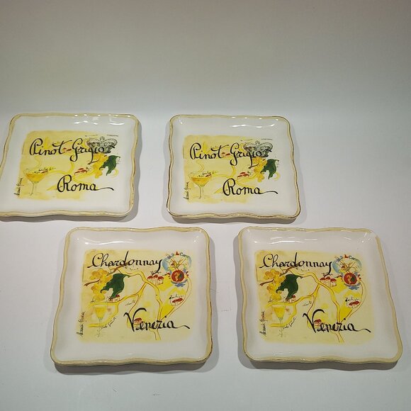 Sur la table plate set of 4 white wine themed square salad plates made in Italy - Picture 1 of 8